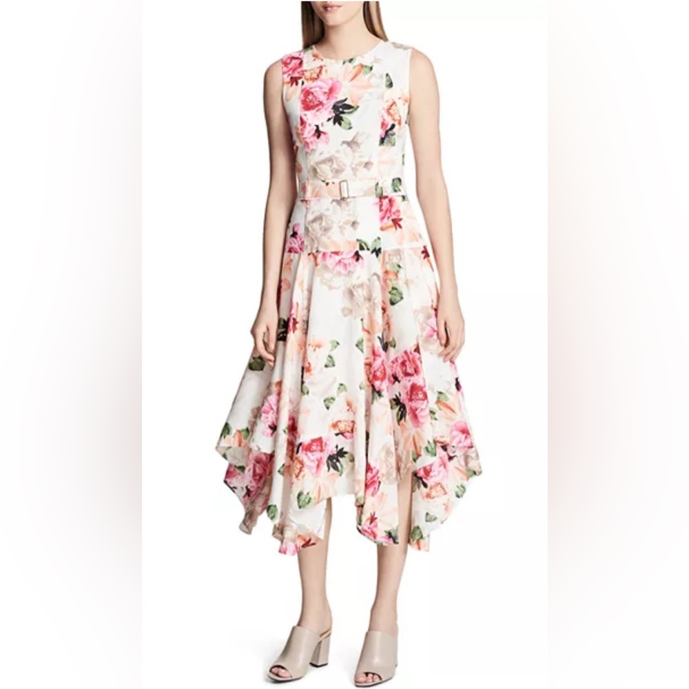 CALVIN KLEIN Floral-Print Handkerchief-Hem Dress